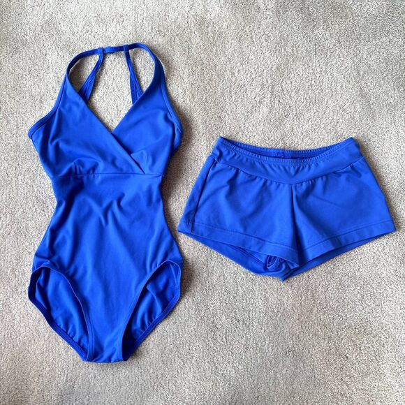 Capezio Halter V-Neck Leotard & Short Set Royal XS - Picture 1 of 9